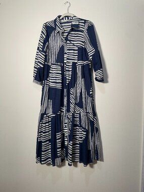 Zara 100% Cotton Blue and White Print Midi Shirt Dress